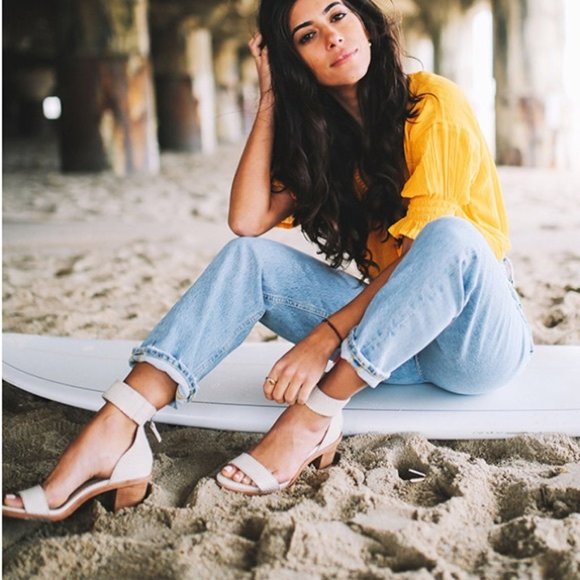 Frye Shoes - Frye White Brielle Zip Wood Block Genuine Leather Casual Ankle Sandals/Heels